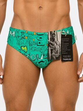 NWT TADDLEE Men's Swim Briefs – Size S – Teal Graffiti Print Drawstring Swimsuit